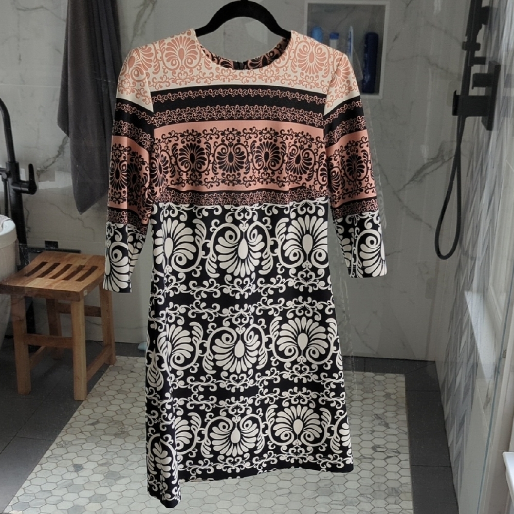 Taylor Pink and Orange Sheath Dress 3/4 Sleeve Crew Neck